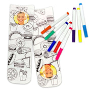 Super cute custom designed junk food color in socks digitally printed in ink and you color in the details with permanent fabric markers we provide, we print your photo on the socks to personalize them just for you.