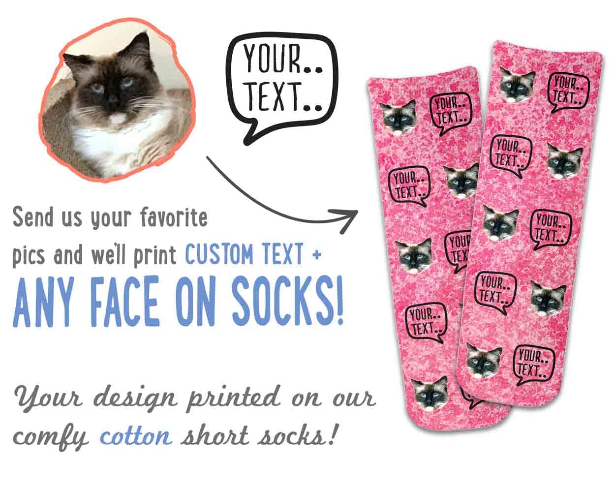 Custom photo crew socks digitally printed and personalized using your own photo we print on the background style you select, any face on and custom text printed on the socks will make a unique gift.