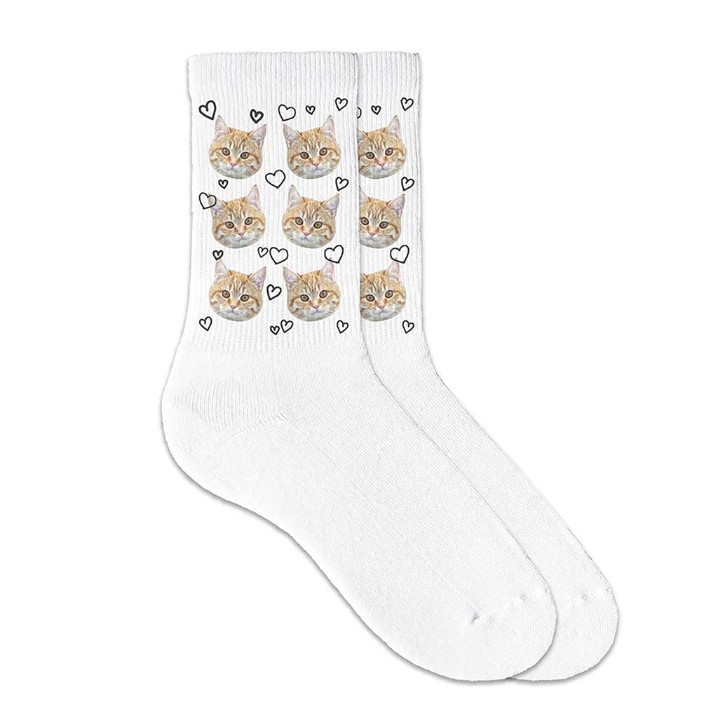 Custom printed white crew socks with photos of faces printed with hearts design on white cotton crew socks.