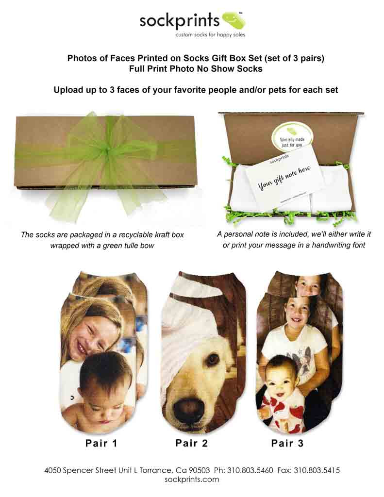 Custom printed photo socks sold in a three pair gift box set personalized with you three favorite photos we custom print on the top of the socks.