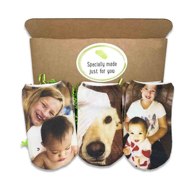 Custom printed photo socks sold in a three pair gift box set personalized with you three favorite photos we custom print on the top of the socks.