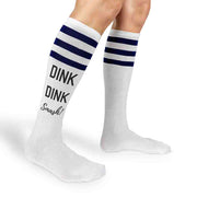 Pickleball design dink dink smash custom printed on the side of the knee high socks by sockprints.