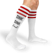 Custom pickleball design by sockprints dink dink smash digitally printed on the side of the socks.