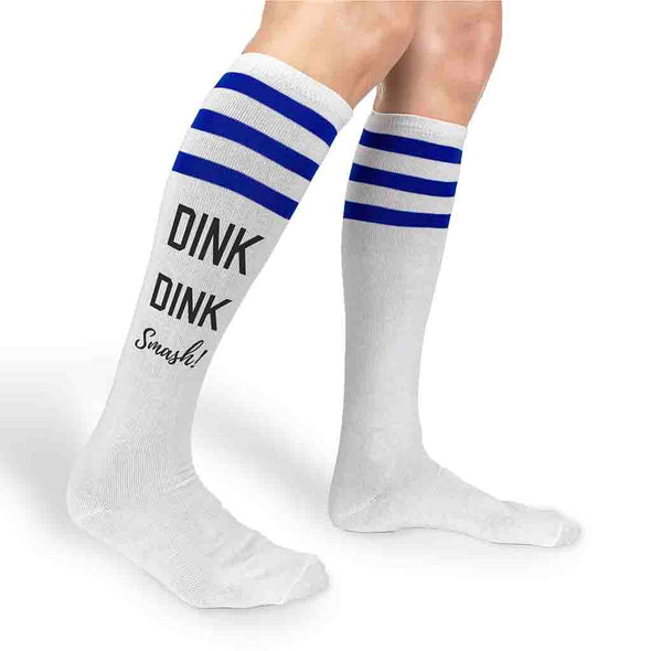 Dink dink smash pickleball design by sockprints digitally printed on the side of the knee high socks.