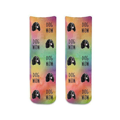 Custom printed photo socks for the dog mom, using your own personalized photo we crop and digitally print on rainbow wash background on cotton crew socks.