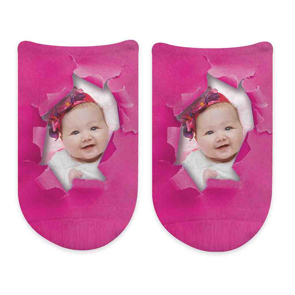 Suer cute no show socks digitally printed with bright colored background design and personalized with your own photo by sockprints.