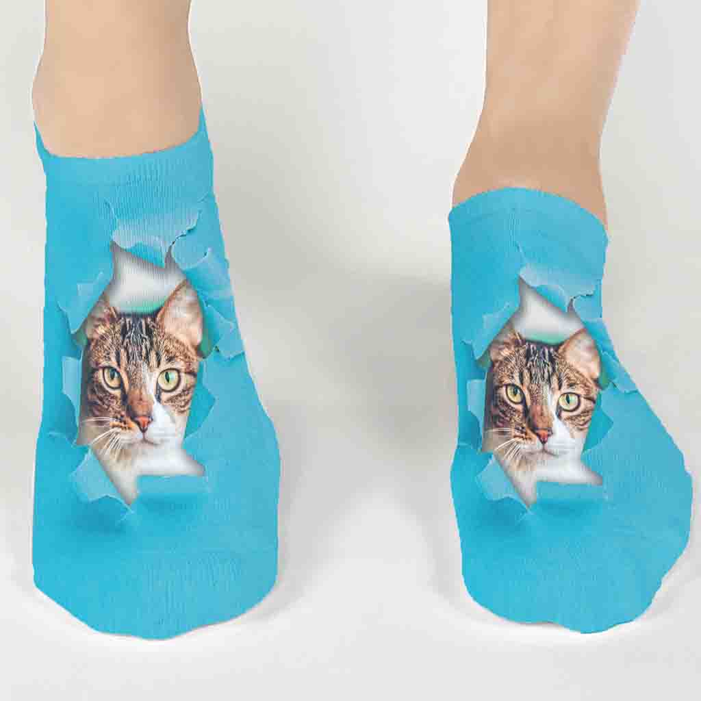 Sockprints custom printed photo no show socks with bright colored background digitally printed in ink and personalized with your own photo.