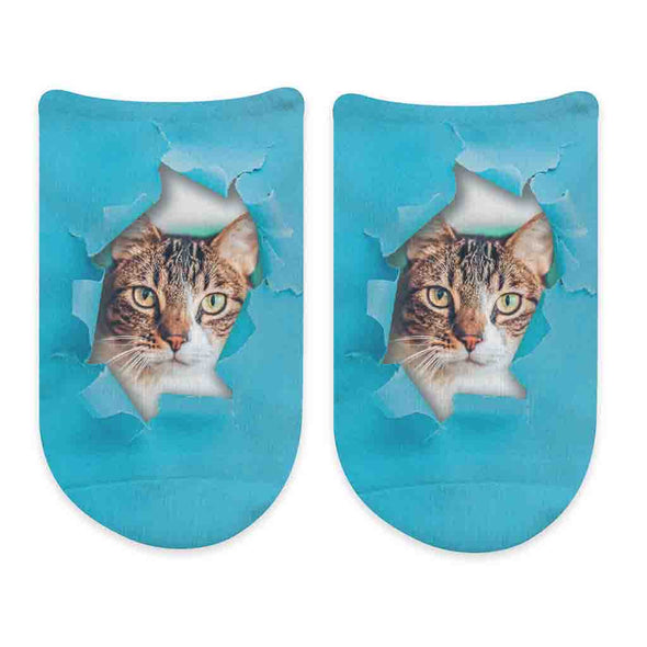 Custom printed no show socks with bright colored background design and personalized using your own photo sockprints digitally prints on comfy no show socks.