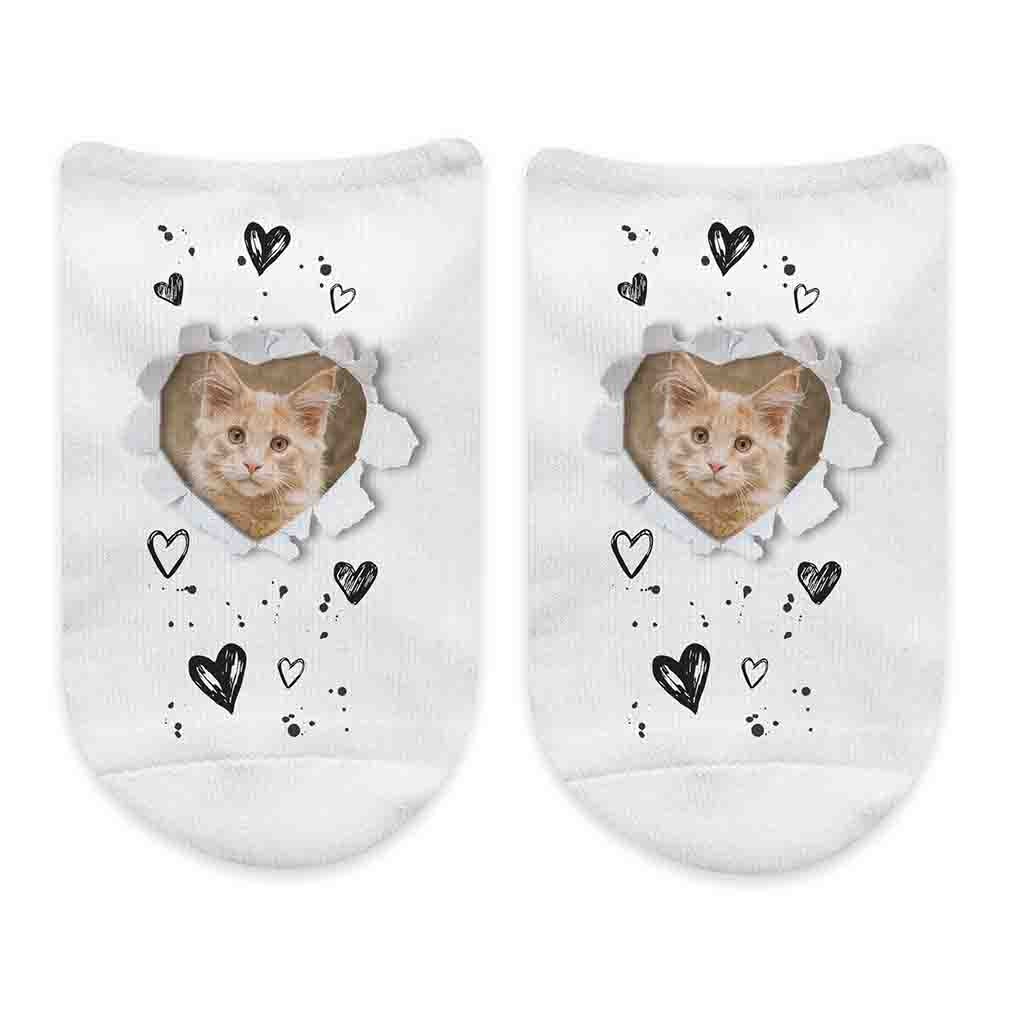 Funny face socks digitally printed using your photo with super cute heart design on no show socks.