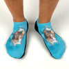 Bright colored background design by sockprints and personalized using your own photo we digitally print on comfy no show socks.