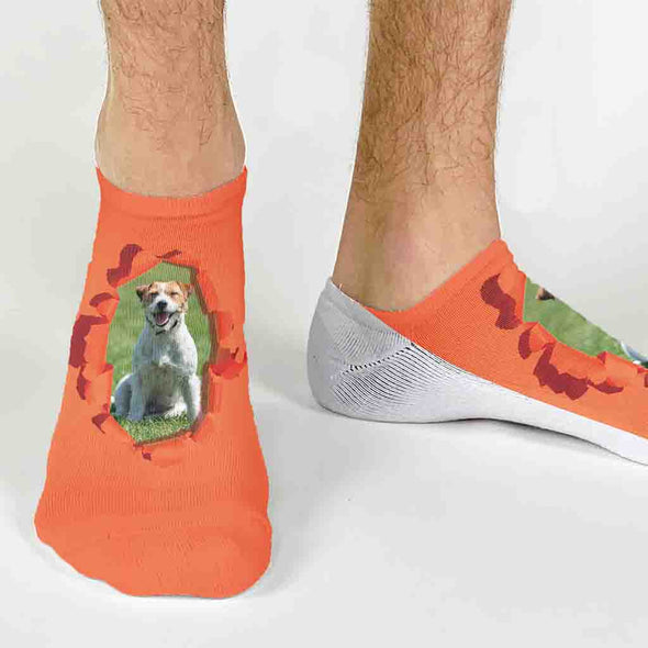 Comfy no show socks digitally printed by sockprints with a burst of color design and personalized using your own photo.