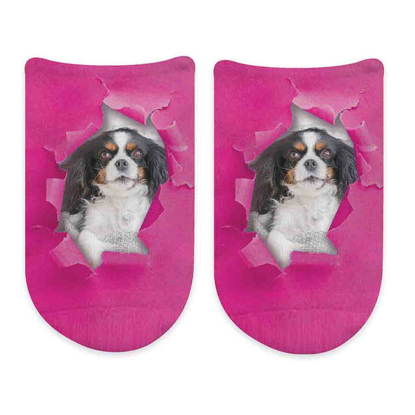 Sockpritnts designed colored background and personalized with your own photo digitally printed on no show socks.