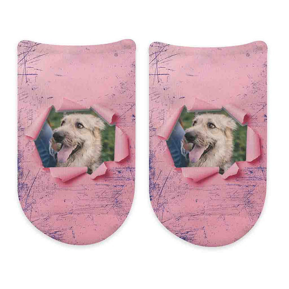 Custom printed photo face socks personalized using your own photo with colored background design printed on no show socks.