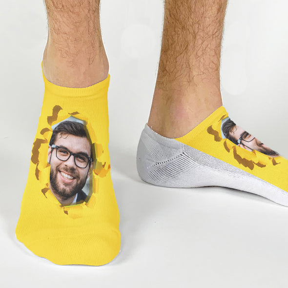 Custom photo reveal socks designed by sockprints and digitally printed on no show socks with a burst of color background.