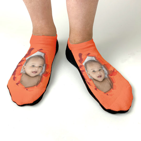 Burst of color design digitally printed with your own photo we custom print on no show socks by sockprints.