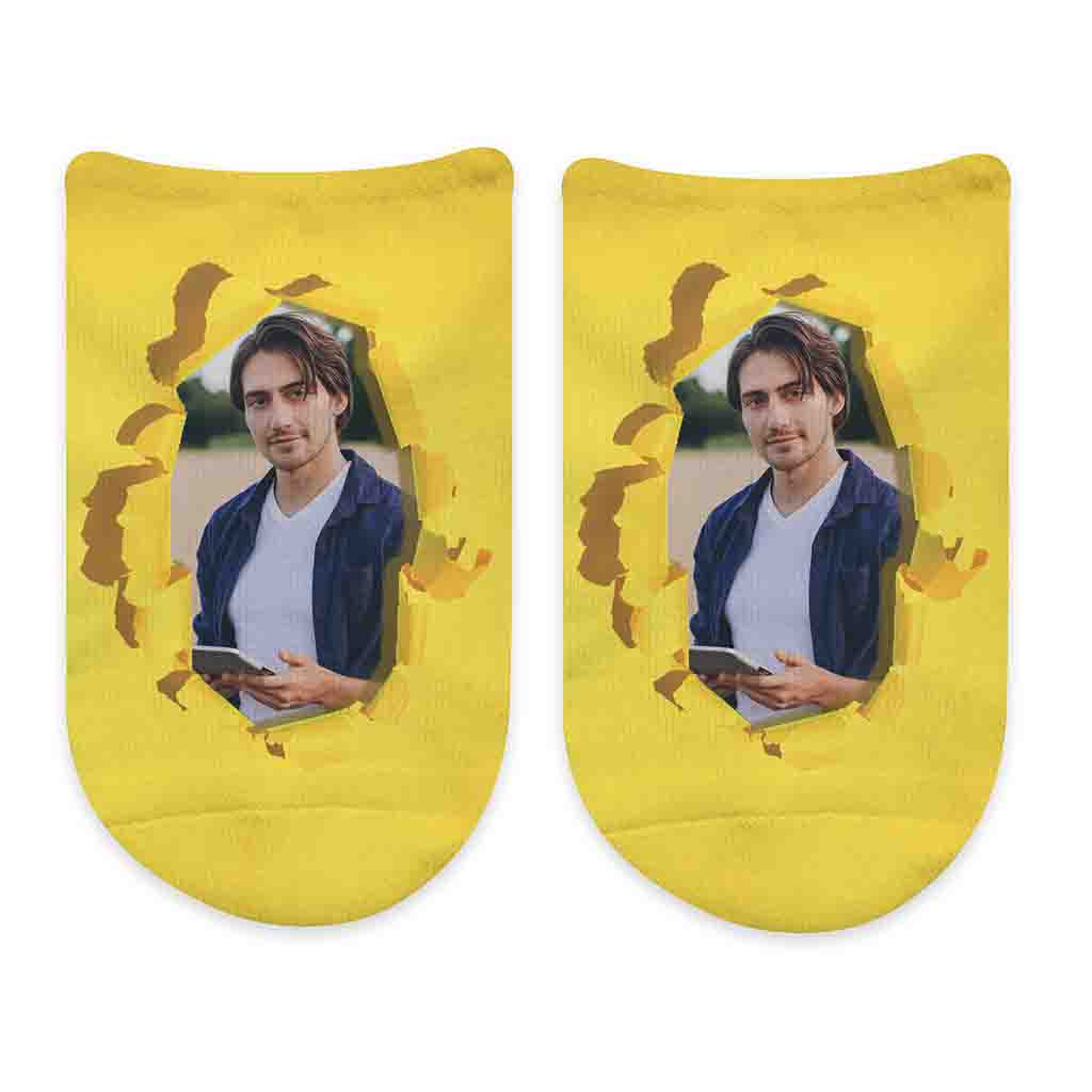 Customized no show socks digitally printed burst of color background and personalized with your own photo sockprints digitally prints on comfy no show socks.