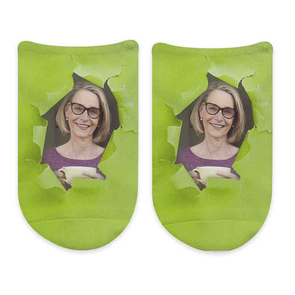Bright colored background design by sockprints digitally printed on no show socks and personalized with your own photo.