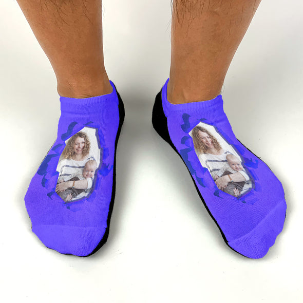 Sockprints designed burst of color background and personalized using your own photo we digitally print on comfy cotton no show socks.