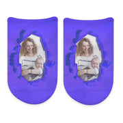 Cute burst of color background design personalized with your own photo digitally printed on no show socks.
