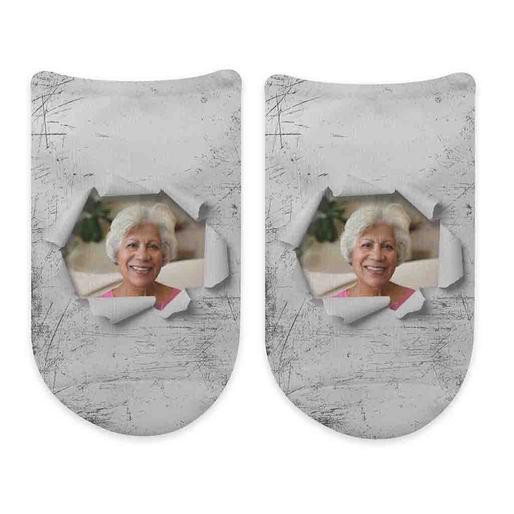 Custom printed photo face socks personalized using your own photo with colored background design printed on no show socks.