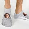 Custom printed photo reveal socks personalized using your own photo with colored background design printed on no show socks.