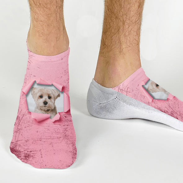 Custom printed photo face socks personalized using your own photo with colored background design printed on no show socks.