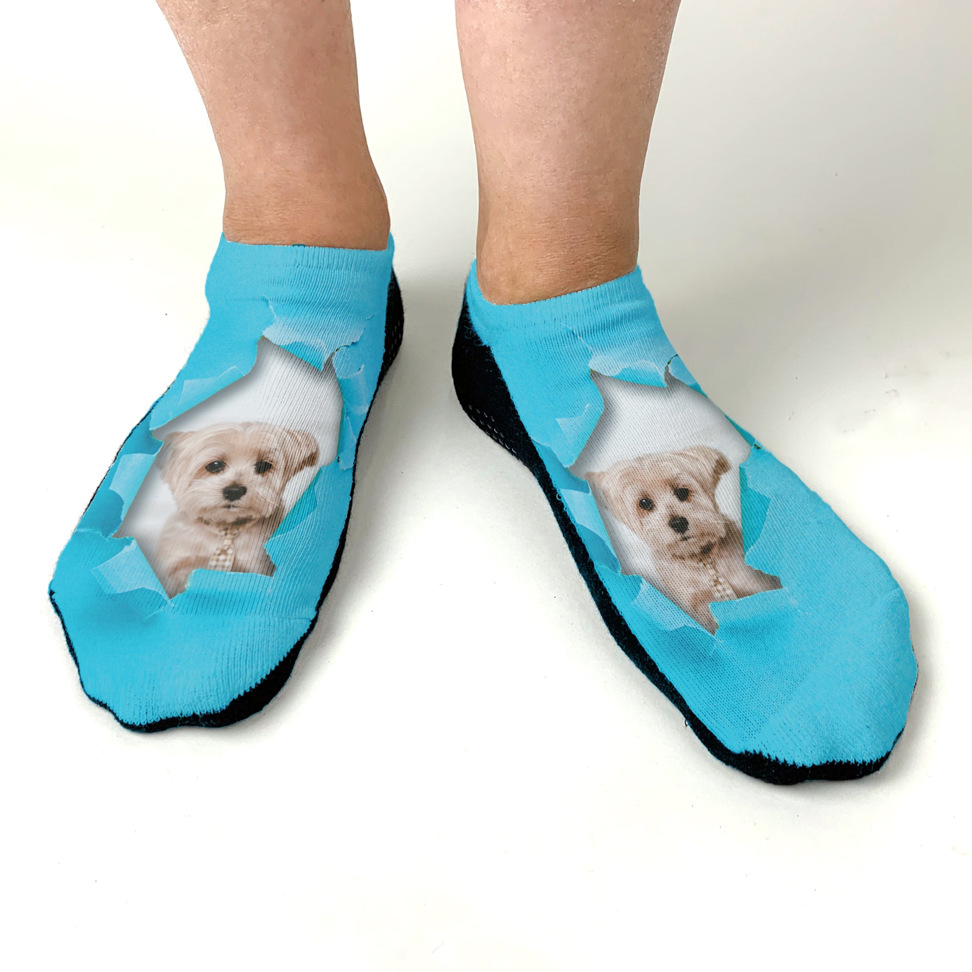 Sockpritnts designed colored background and personalized with your own photo digitally printed on no show socks.