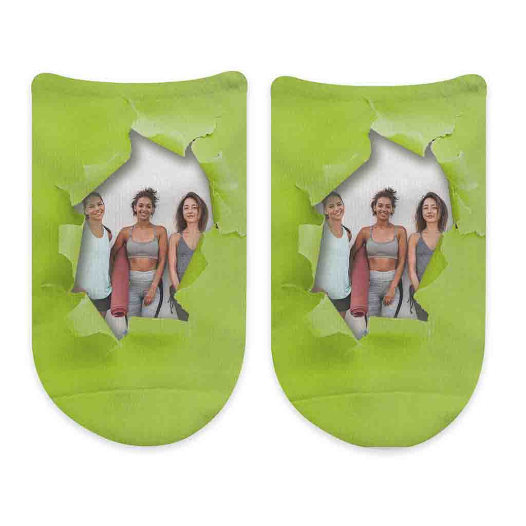 Custom printed no show socks with a bright colored background design and personalized using your own photo sockprints digitally prints in ink on no show socks.