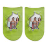 Custom printed no show socks with a bright colored background design and personalized using your own photo sockprints digitally prints in ink on no show socks.