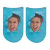 Custom printed no show socks by sockprints digitally printed bright colored background design and personalized with your own photo digitally printed on no show socks.