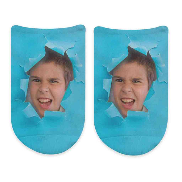 Custom printed no show socks by sockprints digitally printed bright colored background design and personalized with your own photo digitally printed on no show socks.