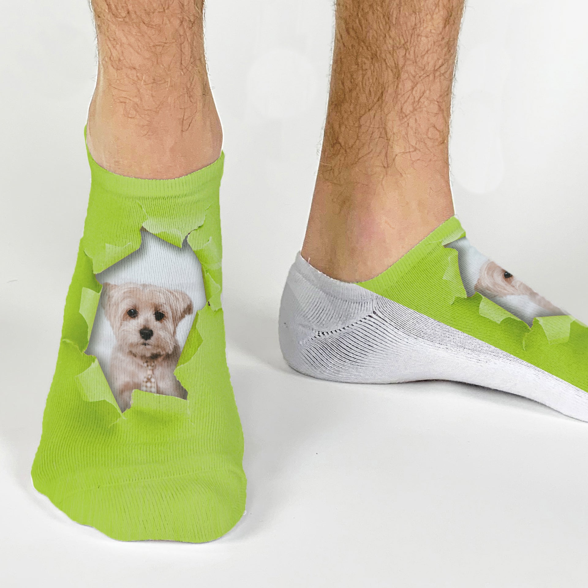 Custom printed no show socks by sockprints digitally printed bright colored background design and personalized with your own photo digitally printed on no show socks.