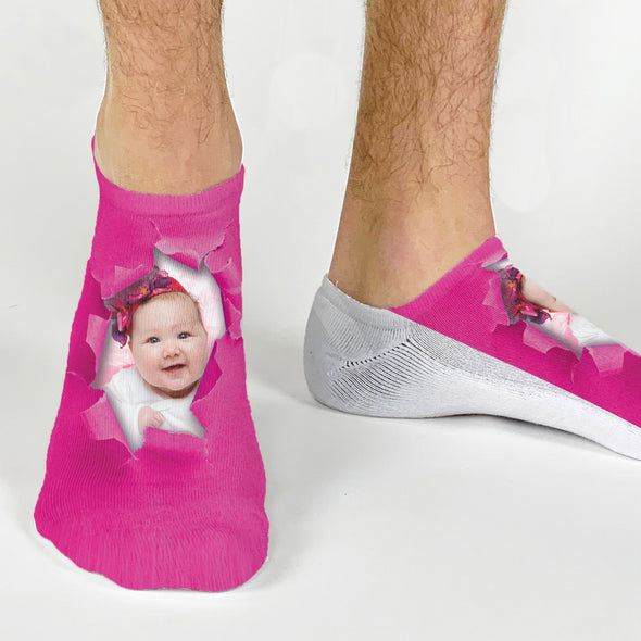 Custom printed socks designed by sockprints we digitally print a super bright background and personalize it with your own photo printed on the no show socks.