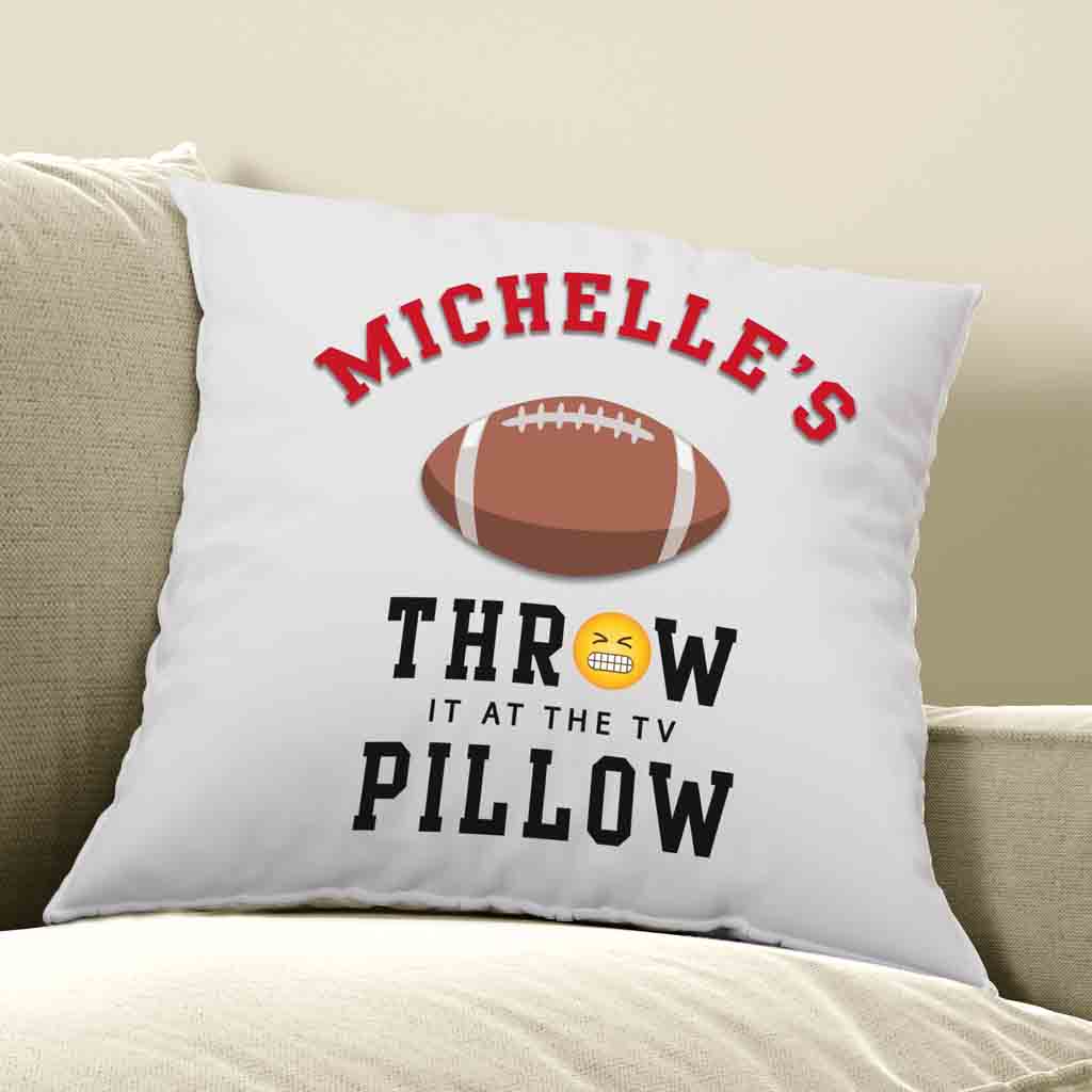 Funny accent throw pillow design custom printed with football design and throw it at the TV pillow digitally printed on pillow cover.