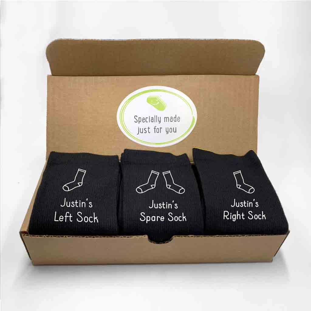 Funny personalized mens dress socks with a left and right design sold in a three pair gift box set.