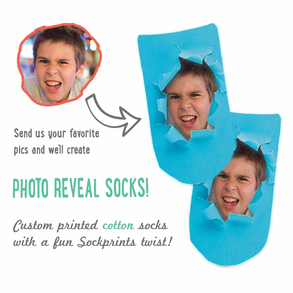Custom printed socks designed by sockprints we digitally print a super bright background and personalize it with your own photo printed on the no show socks.