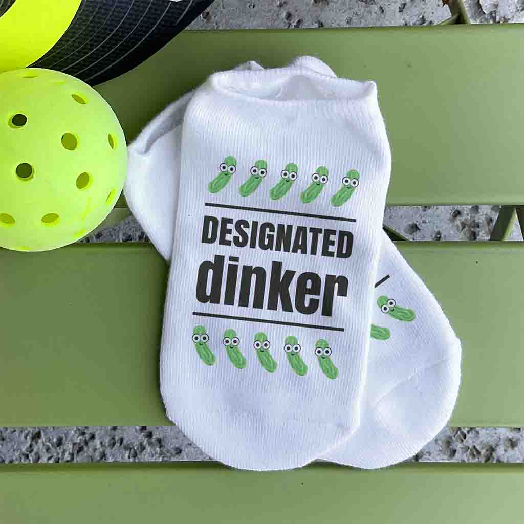 Designated dinker digitally printed on the top of the white cotton no show socks custom designed by sockprints.