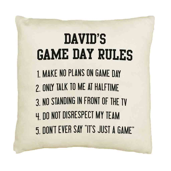 Funny throw pillow cover custom printed with your name and game day rules in color of your choice.