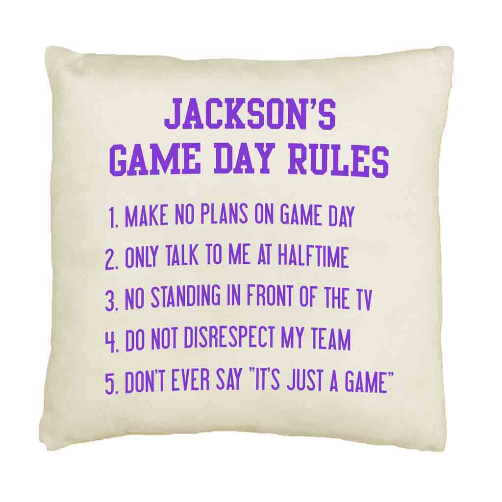Game day rules design by sockprints custom digitally printed on throw pillow cover.
