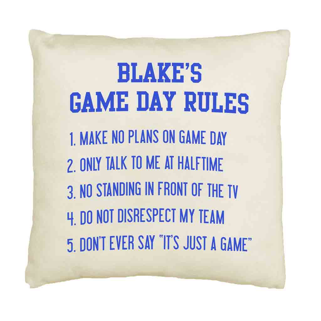 Throw pillow cover custom printed with game day rules design in color of your choice and personalized with your name.
