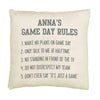 Throw pillow cover digitally printed with game day rules design and personalized with your name.