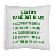 Super cute game day rules design in color of your choice personalized with your name on pillow cover.