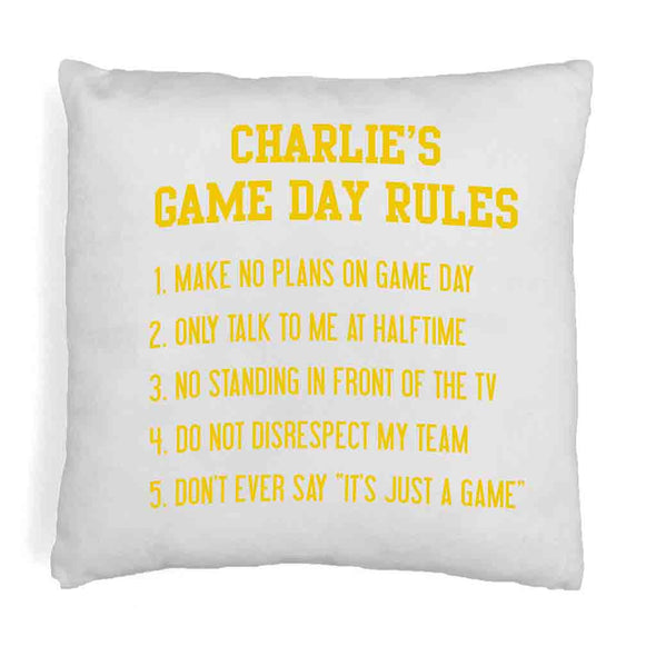 Throw pillow cover digitally printed with your name and game day rules design.