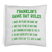 Game day rules design in color of your choice printed on throw pillow cover personalized with your name.