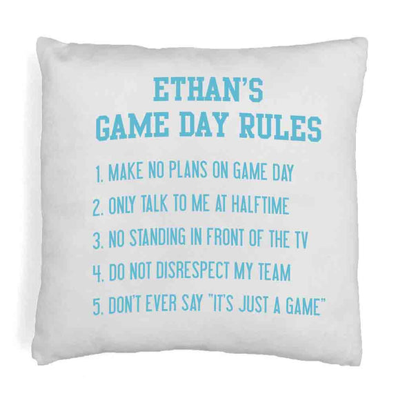 Throw pillow cover printed with game day rules design and personalized with your name.