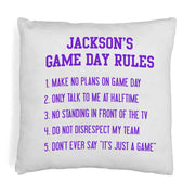 Custom printed game day rules design personalized with your name on throw pillow cover.
