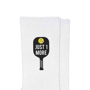 Time flies when you're playing pickleball custom design by sockprints with pickleball paddle and just one more printed on white cotton crew socks.
