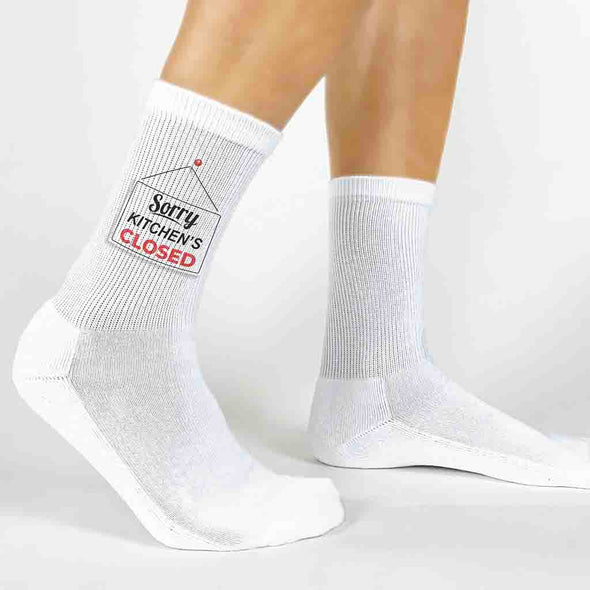 Funny pickleball design custom printed by sockprints on white cotton crew socks.