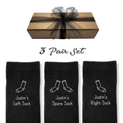 Funny personalized mens dress socks with a left and right design sold in a three pair gift box set.