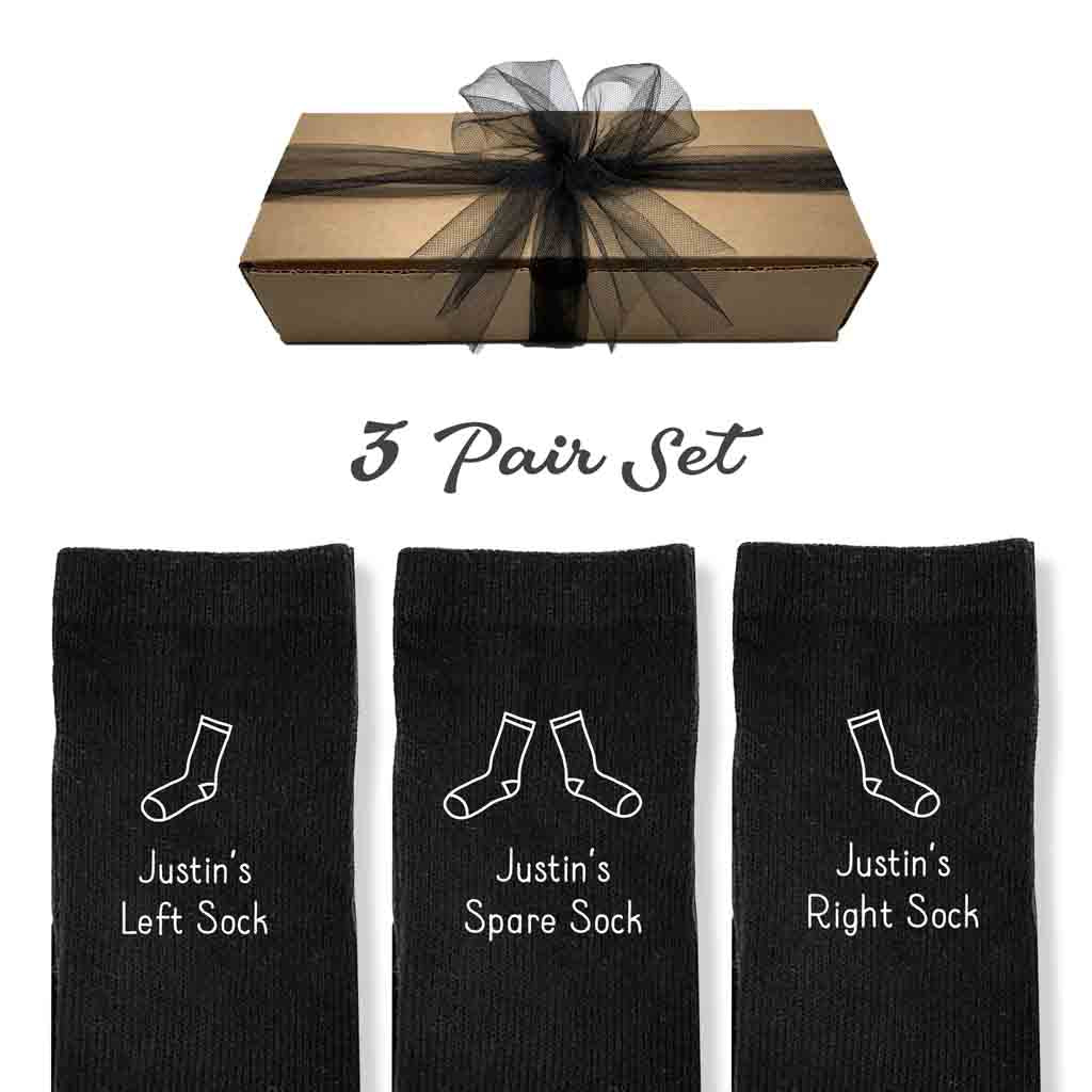 Funny personalized mens dress socks with a left and right design sold in a three pair gift box set.